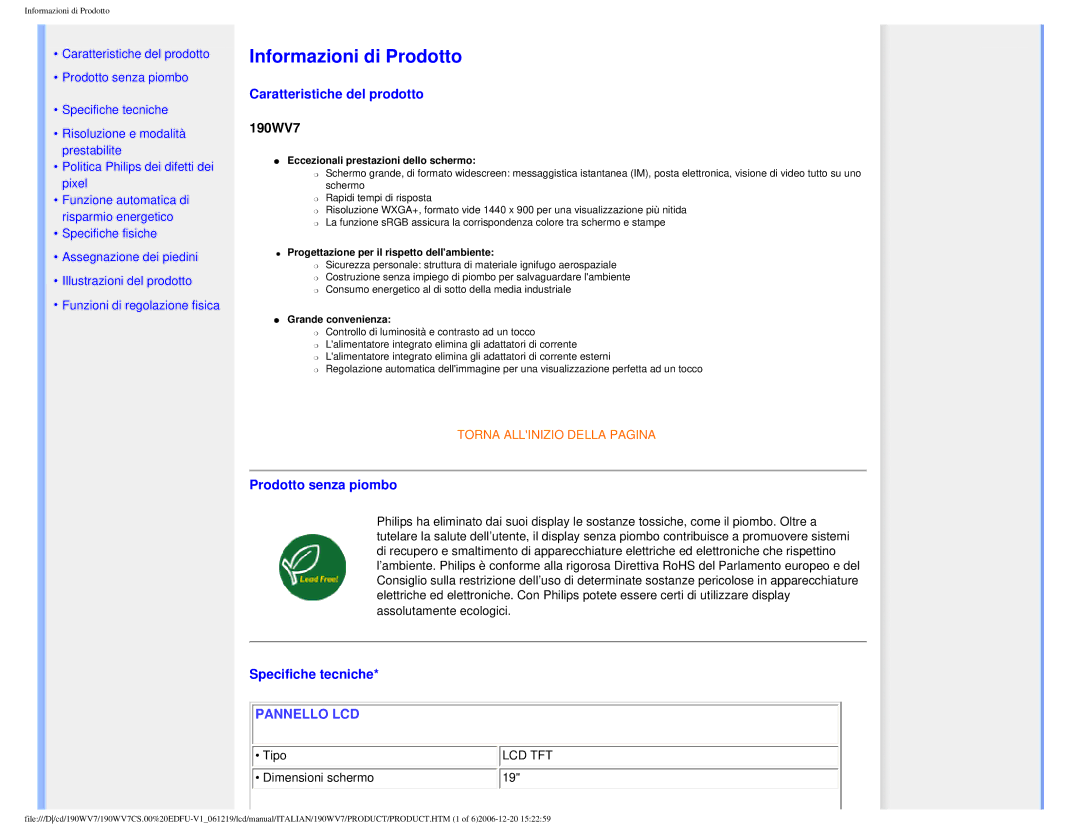 Philips 190WV7 user manual Caratteristiche del prodotto, Prodotto senza piombo, Specifiche tecniche 