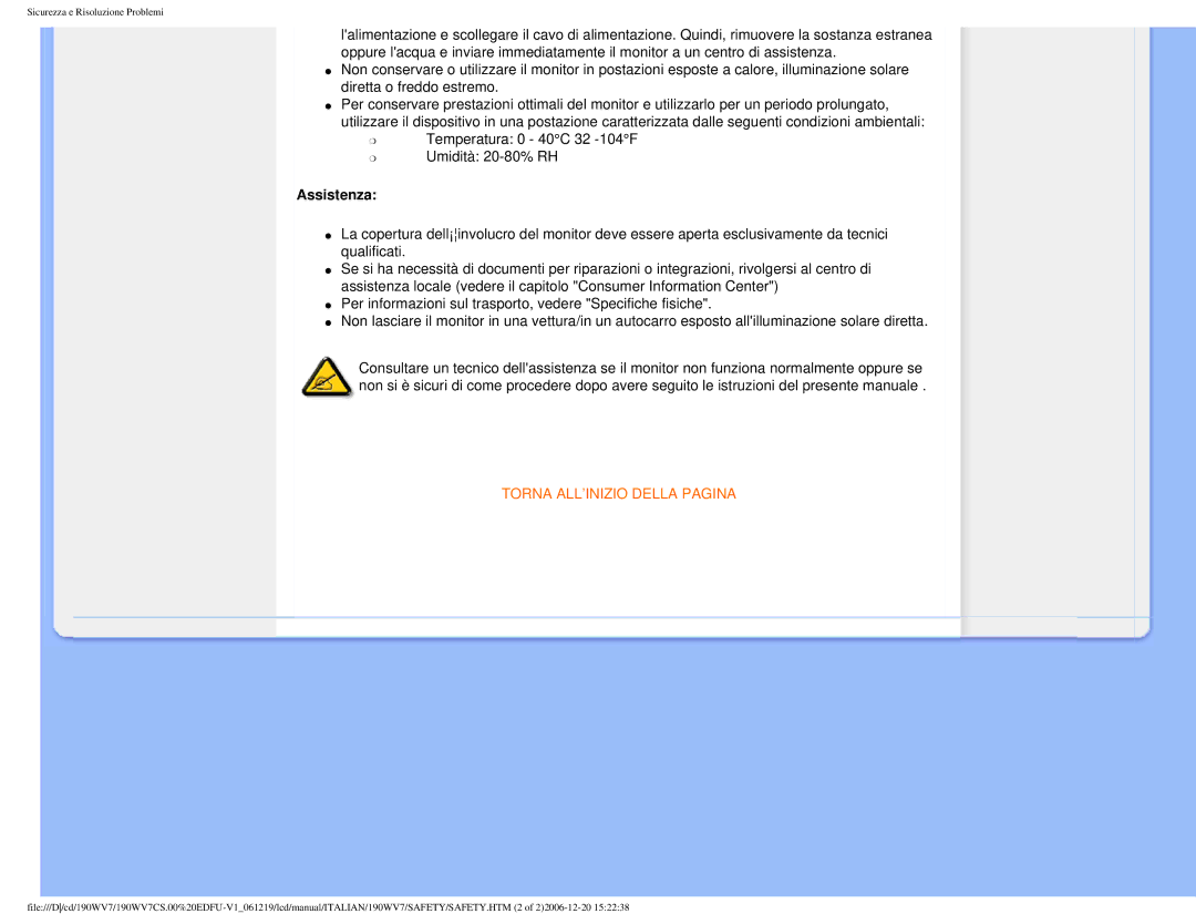 Philips 190WV7 user manual Assistenza, Torna ALL’INIZIO Della Pagina 