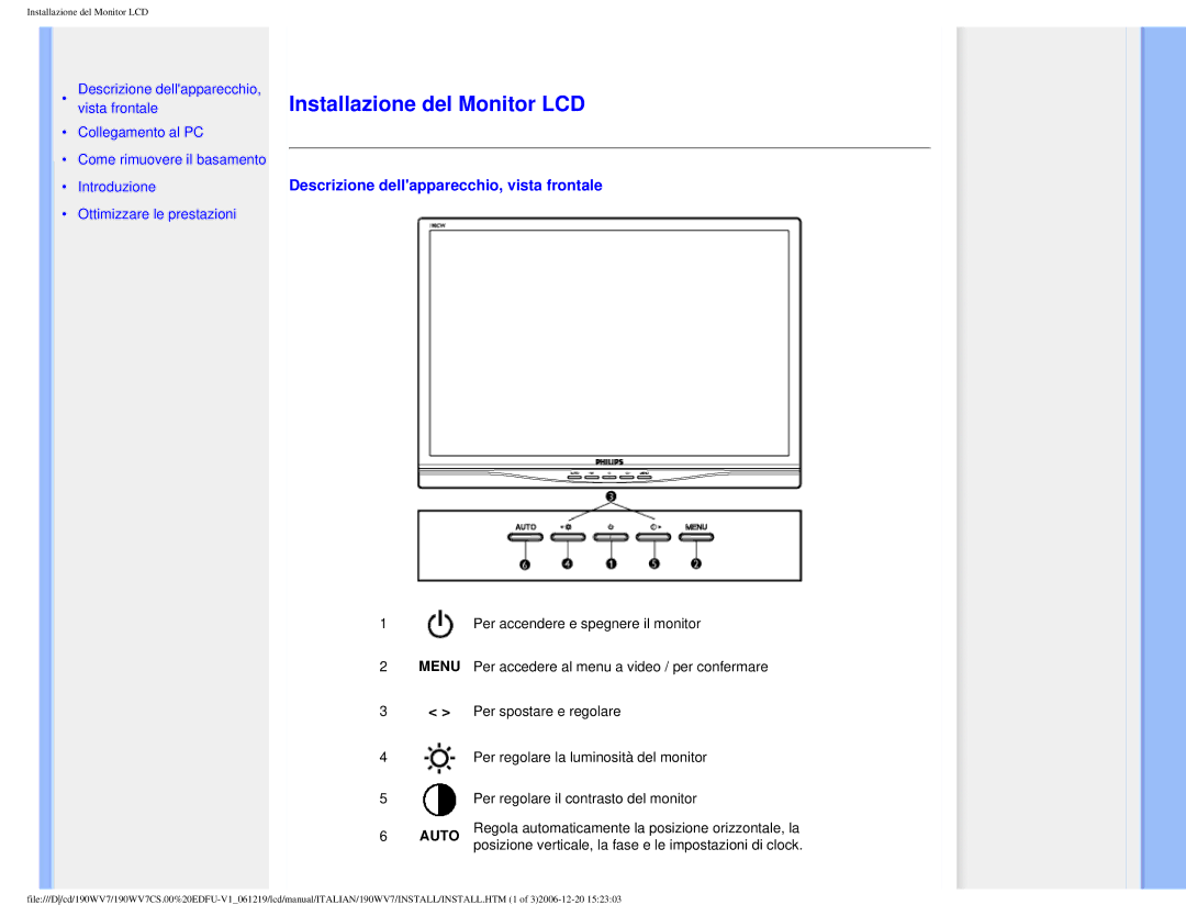 Philips 190WV7 user manual Installazione del Monitor LCD, Descrizione dellapparecchio, vista frontale 