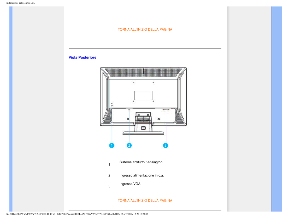 Philips 190WV7 user manual Vista Posteriore 