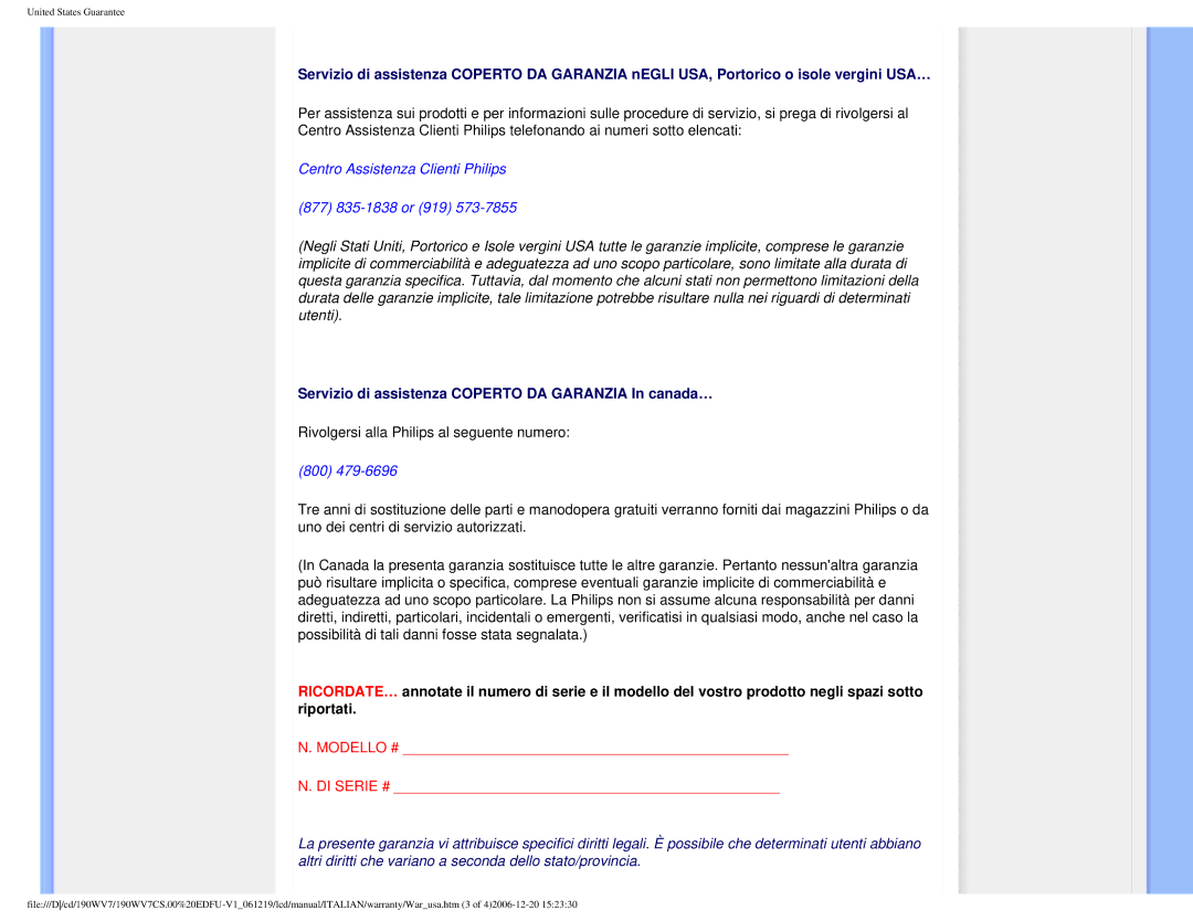 Philips 190WV7 user manual Servizio di assistenza Coperto DA Garanzia In canada… 
