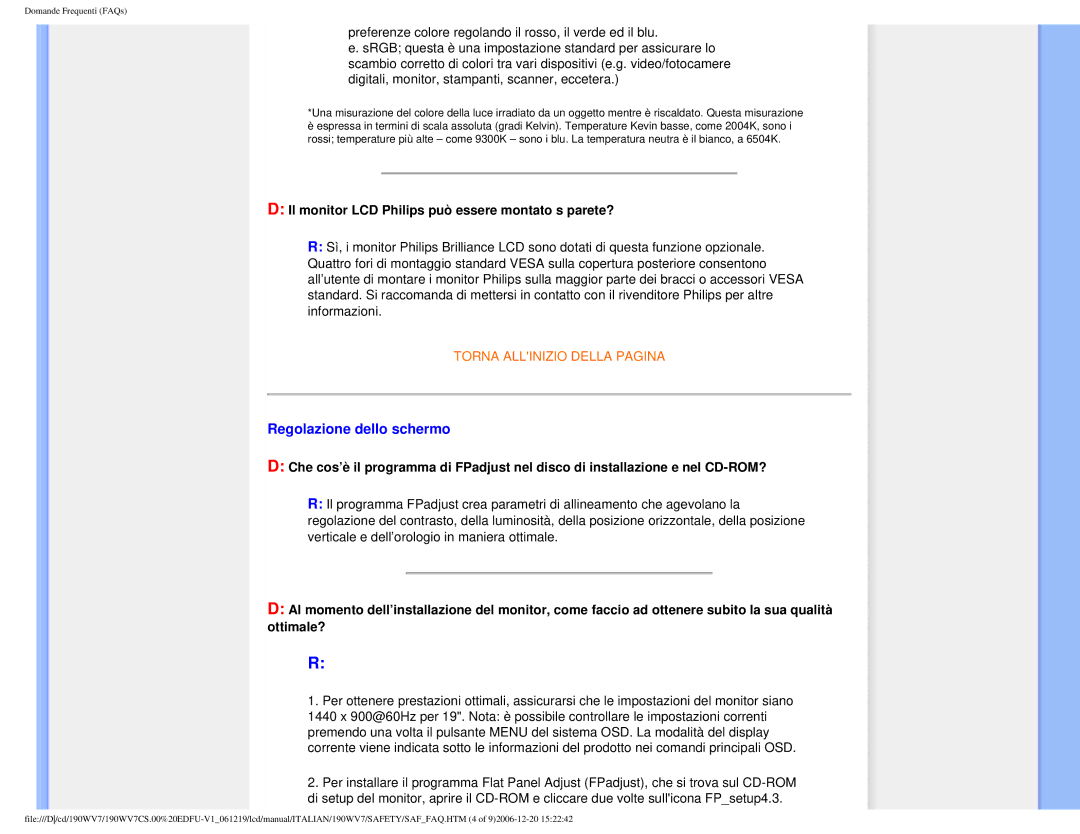 Philips 190WV7 user manual Regolazione dello schermo, Il monitor LCD Philips può essere montato s parete? 