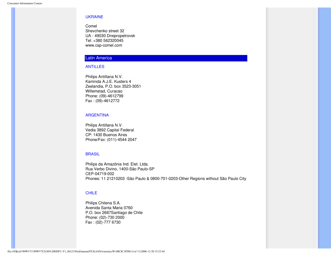 Philips 190WV7 user manual Ukraine, Antilles, Argentina, Brasil, Chile 