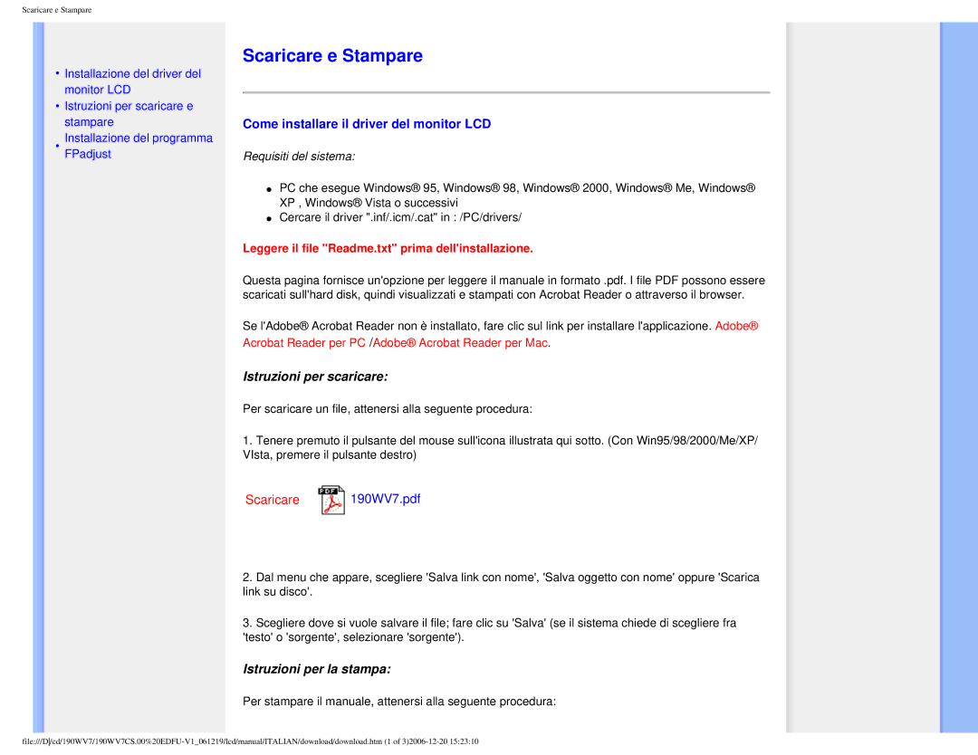 Philips 190WV7 user manual Scaricare e Stampare, Come installare il driver del monitor LCD, Istruzioni per scaricare 