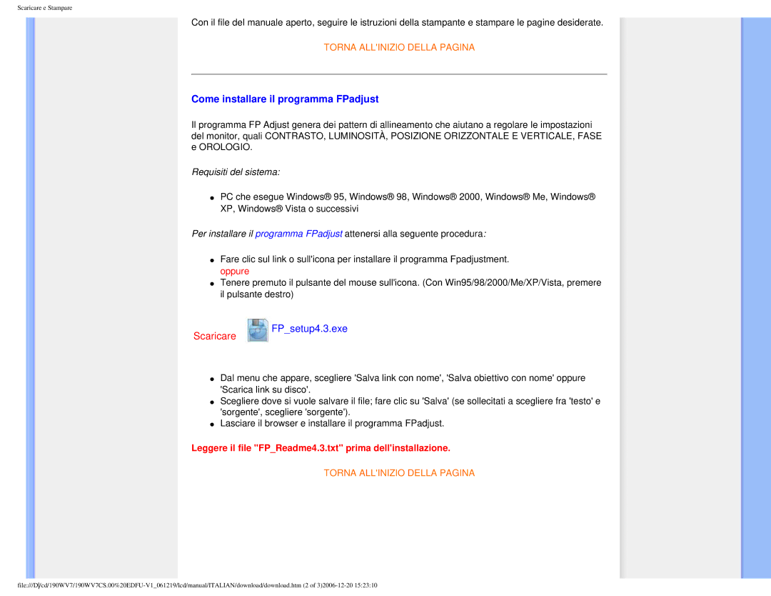 Philips 190WV7 user manual Come installare il programma FPadjust, Scaricare FPsetup4.3.exe 