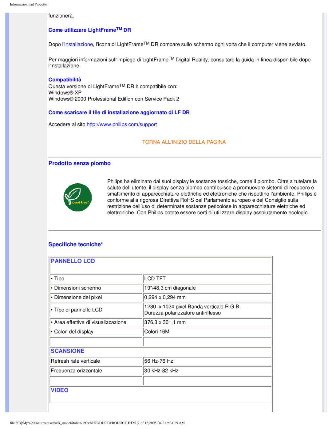 Philips 190X5 user manual Prodotto senza piombo, Specifiche tecniche 