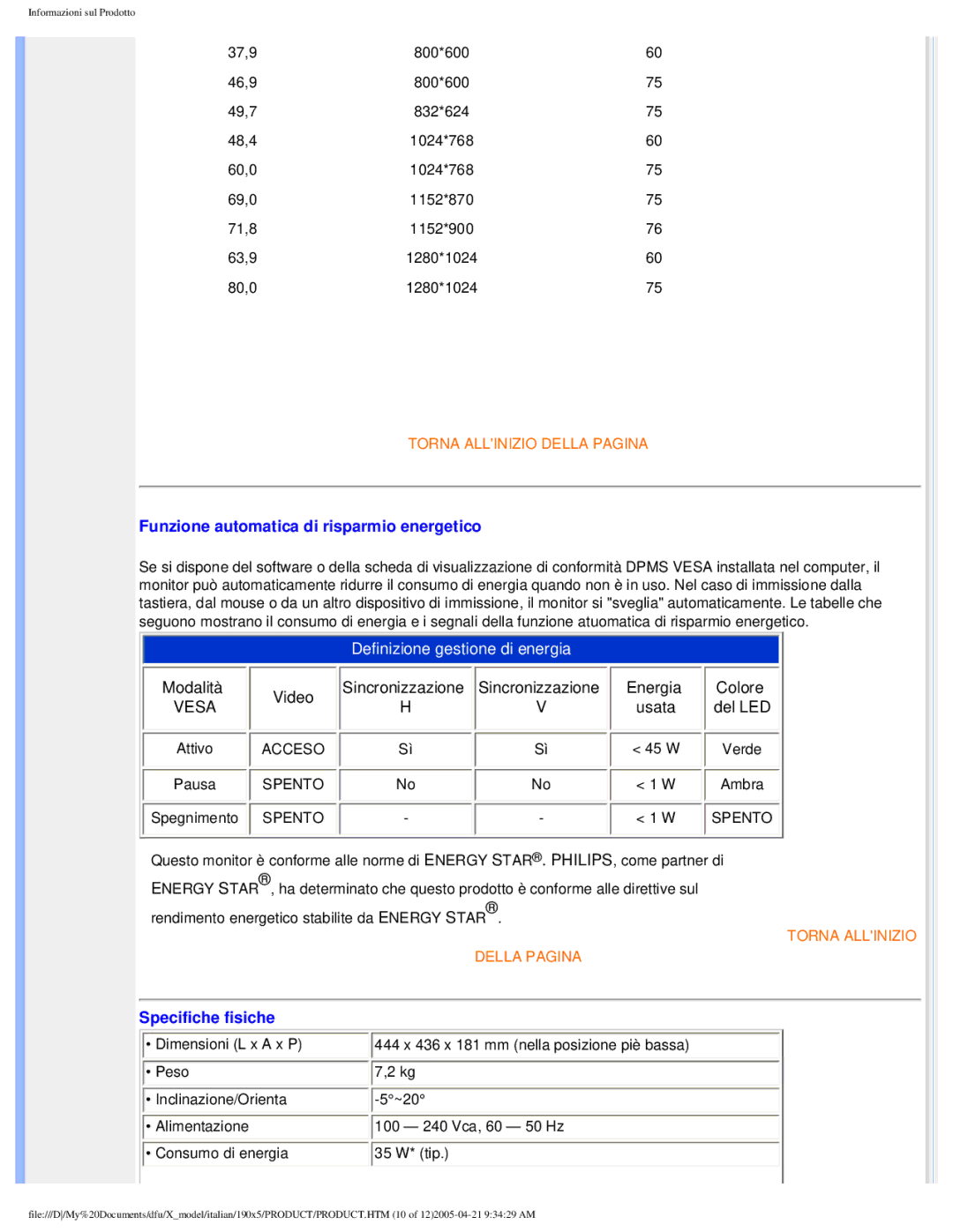 Philips 190X5 user manual Funzione automatica di risparmio energetico, Specifiche fisiche 