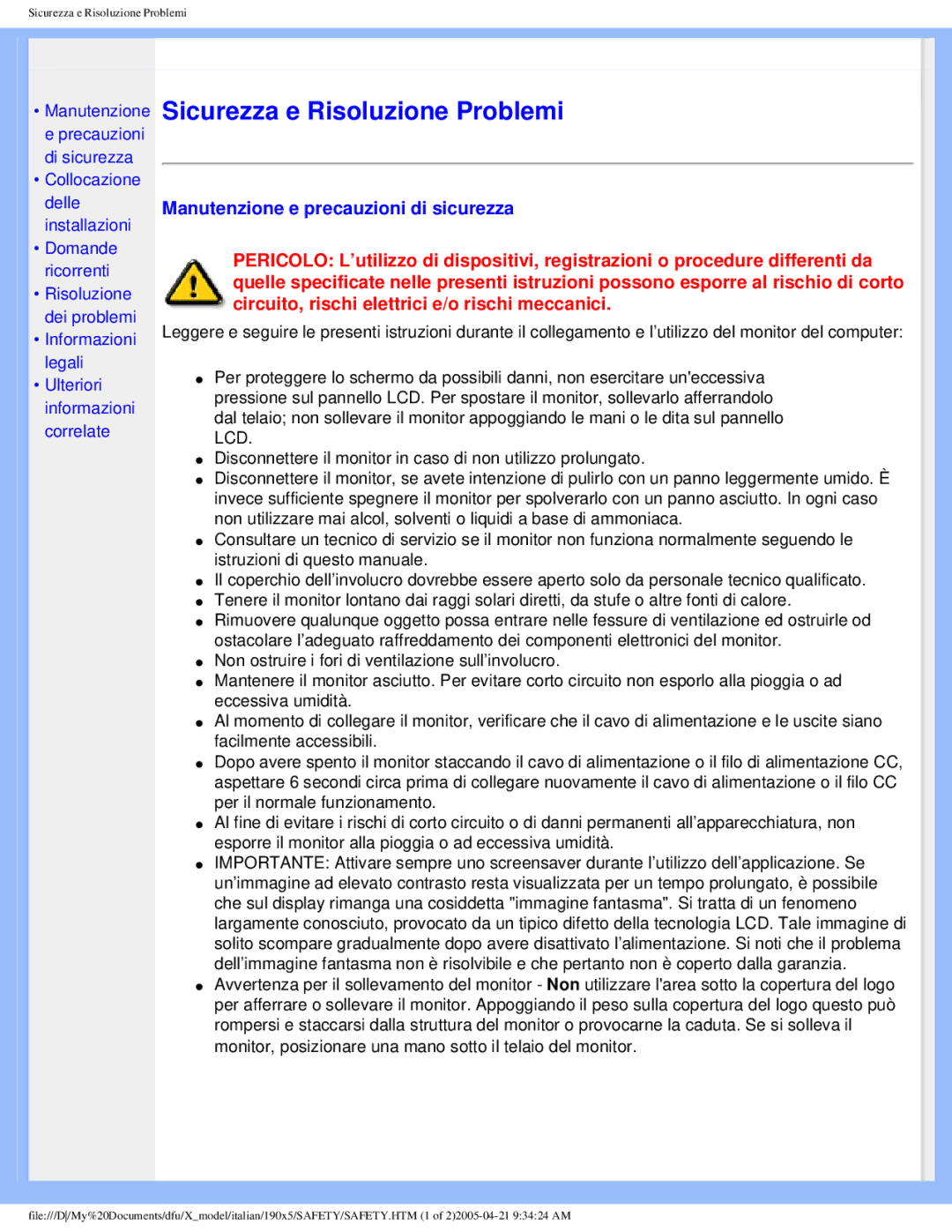 Philips 190X5 user manual Sicurezza e Risoluzione Problemi 