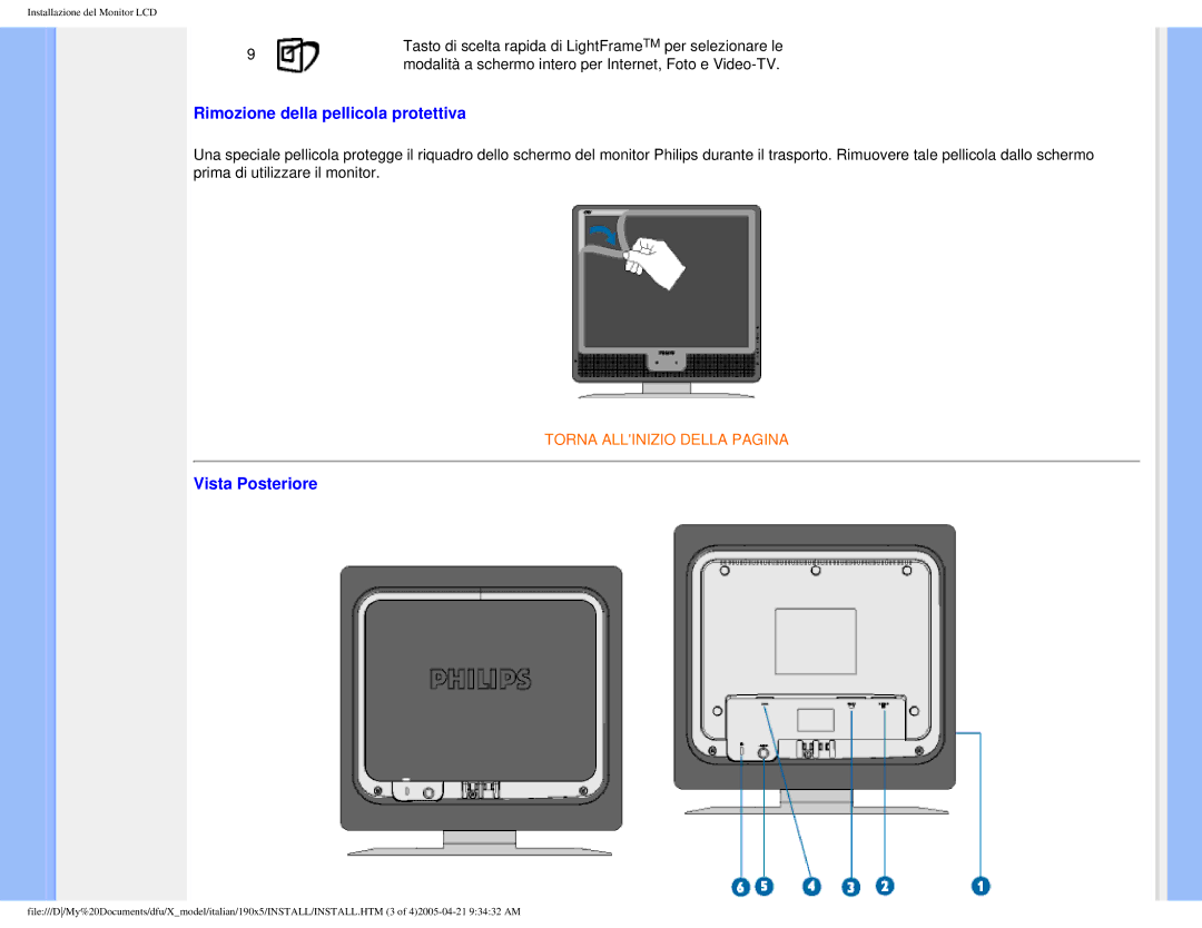 Philips 190X5 user manual Rimozione della pellicola protettiva, Vista Posteriore 