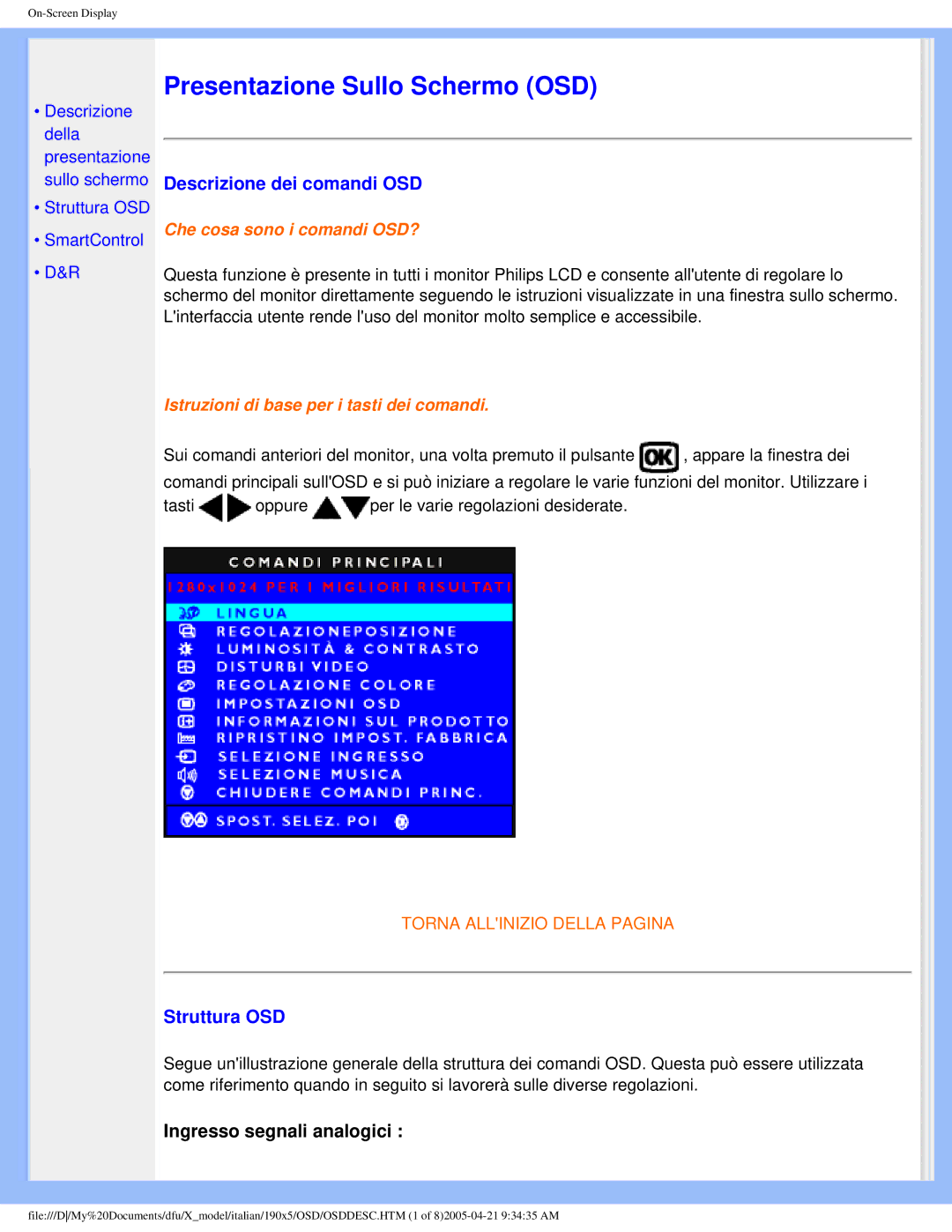 Philips 190X5 user manual Presentazione Sullo Schermo OSD 