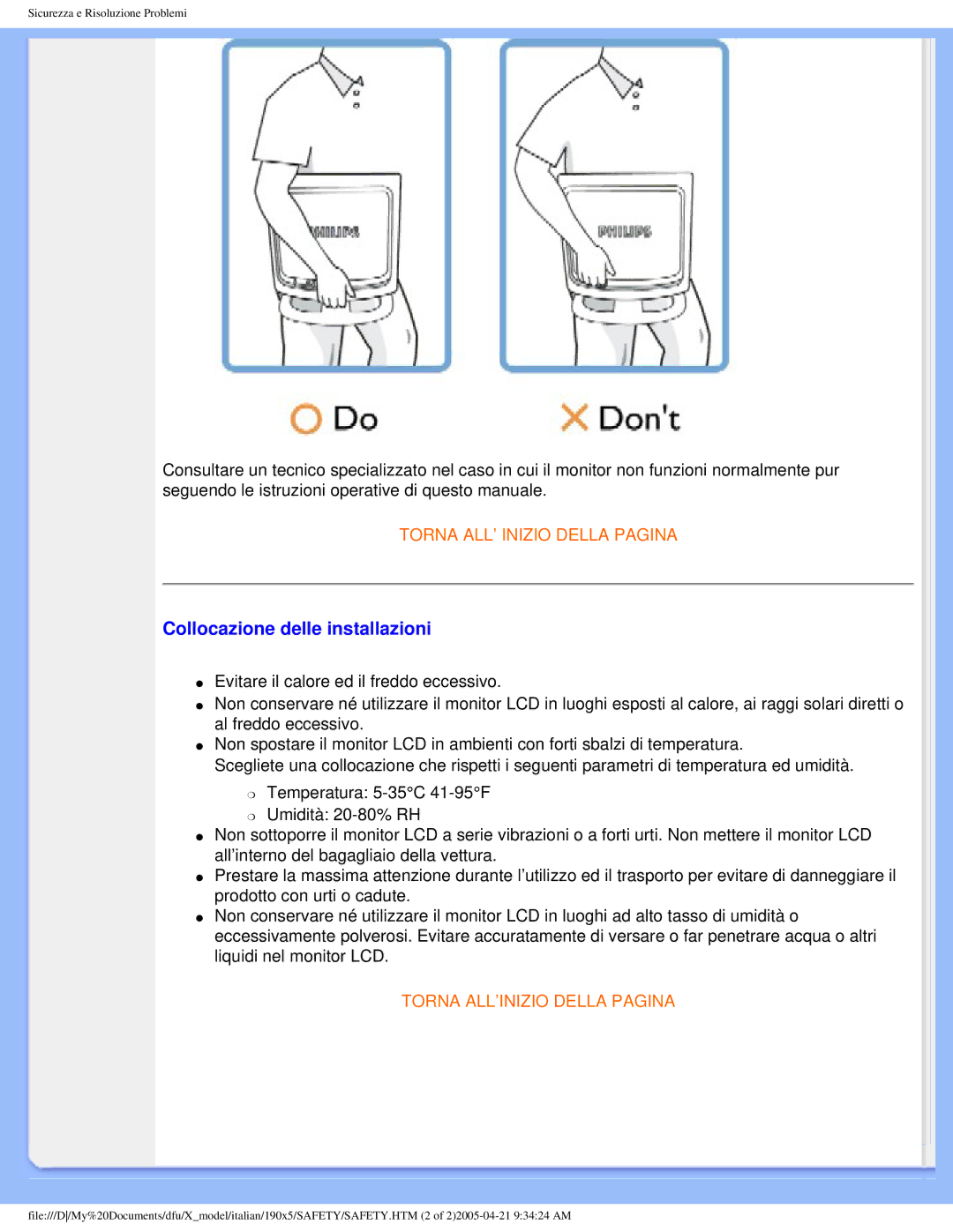 Philips 190X5 user manual Collocazione delle installazioni 