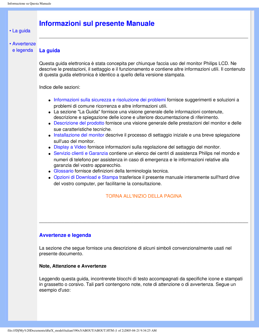 Philips 190X5 user manual Informazioni sul presente Manuale 