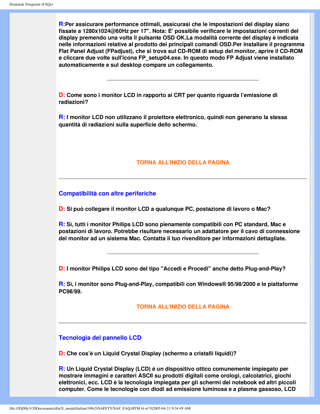 Philips 190X5 user manual Compatibilità con altre periferiche, Tecnologia del pannello LCD 