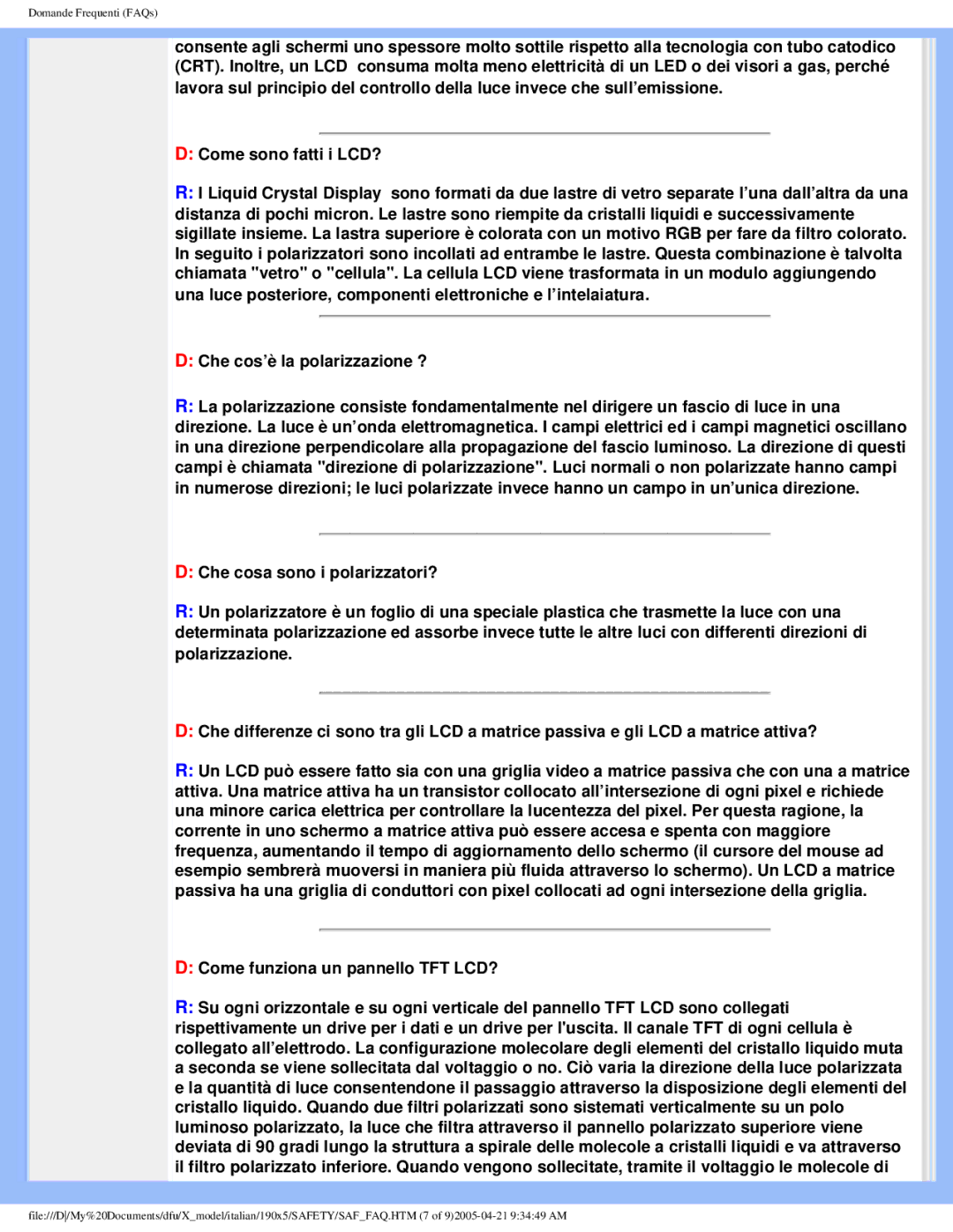 Philips 190X5 user manual Che cos’è la polarizzazione ? 