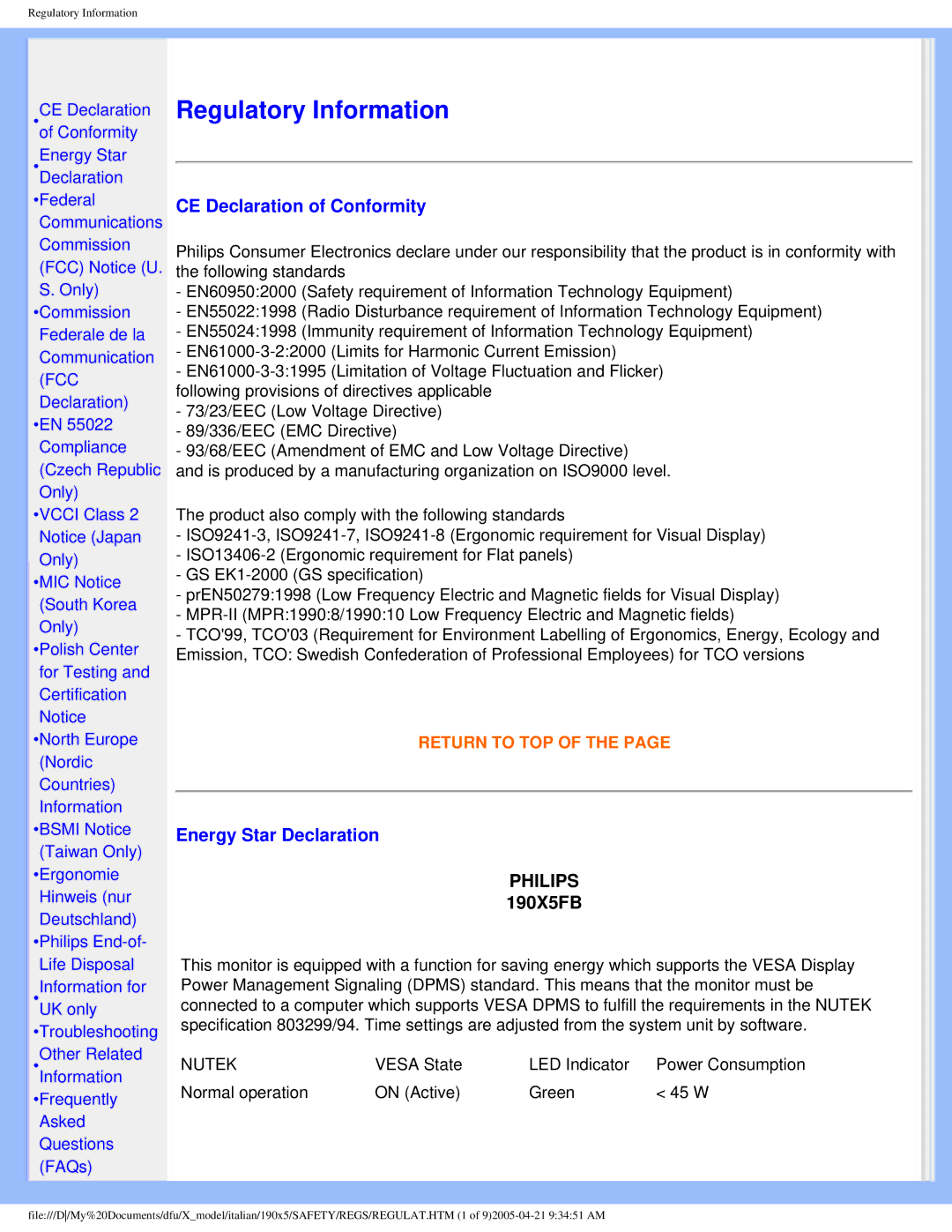 Philips 190X5 user manual CE Declaration of Conformity, Energy Star Declaration 