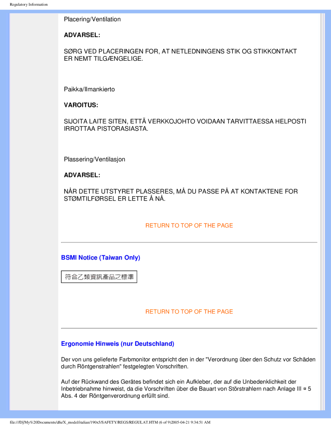 Philips 190X5 user manual Bsmi Notice Taiwan Only, Ergonomie Hinweis nur Deutschland 