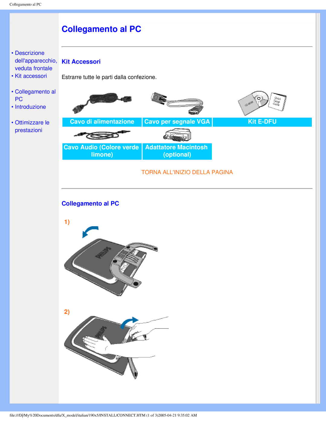 Philips 190X5 user manual Kit Accessori, Collegamento al PC 