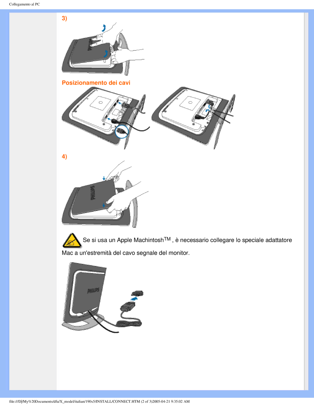 Philips 190X5 user manual Posizionamento dei cavi 