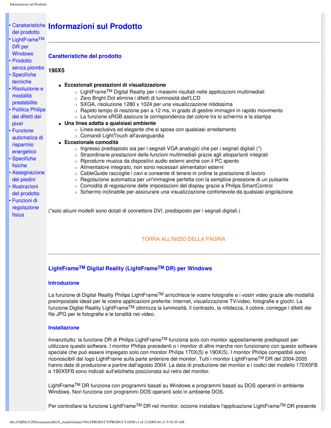 Philips 190X5 user manual Caratteristiche del prodotto, LightFrameTM Digital Reality LightFrameTM DR per Windows 