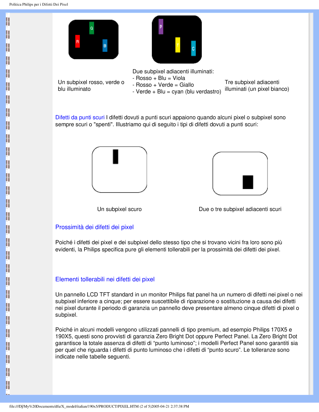 Philips 190X5 user manual Prossimità dei difetti dei pixel 