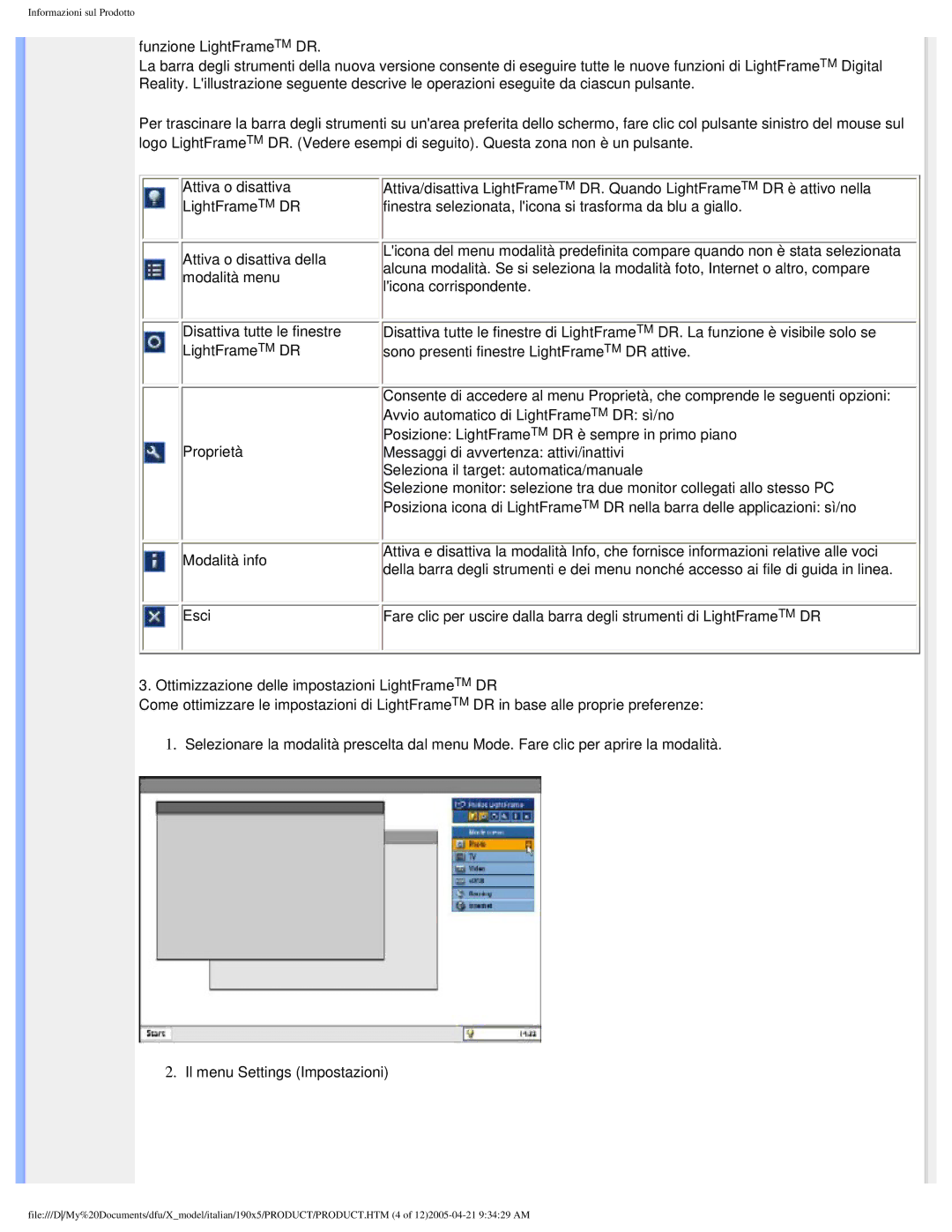 Philips 190X5 user manual Disattiva tutte le finestre LightFrameTM DR 