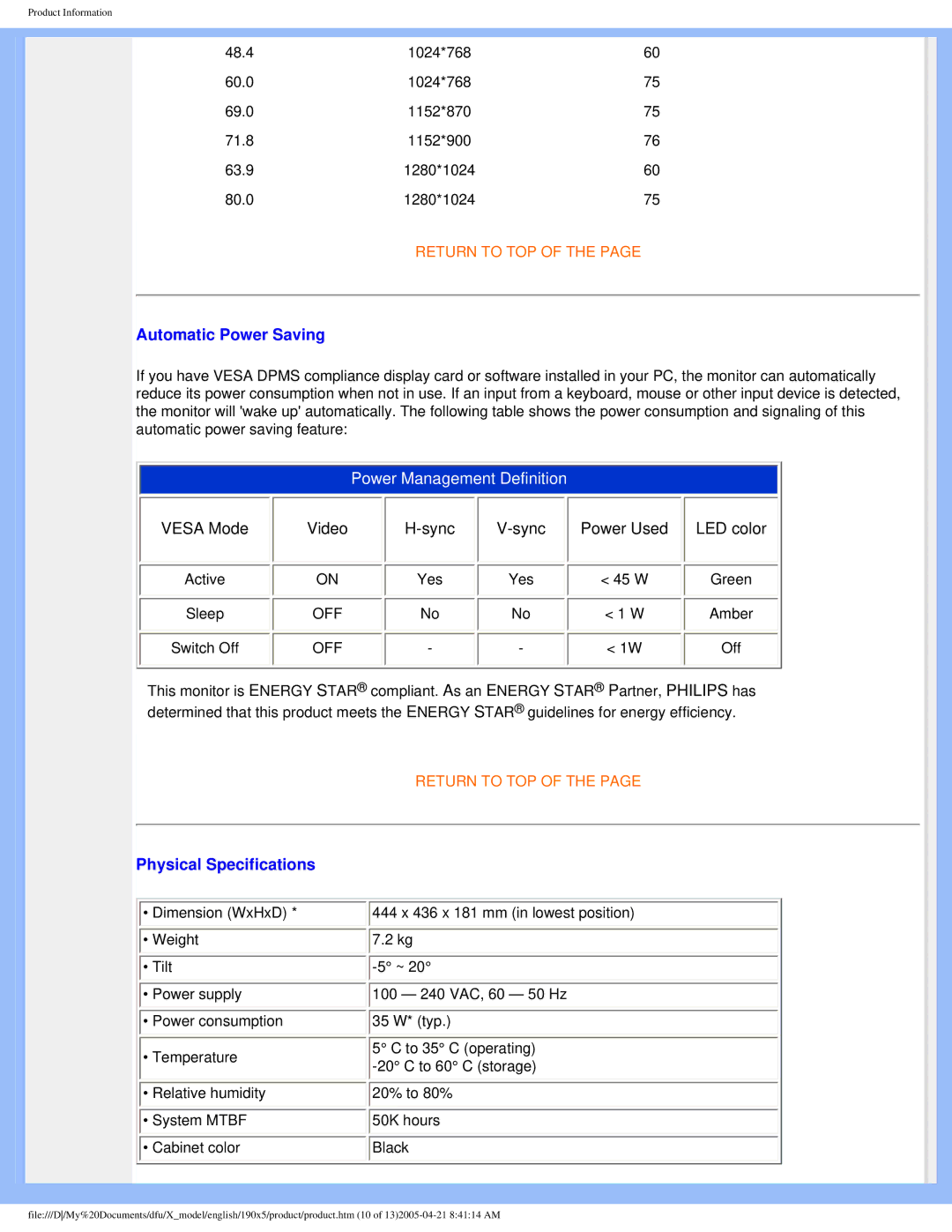 Philips 190X5 user manual Automatic Power Saving, Physical Specifications 