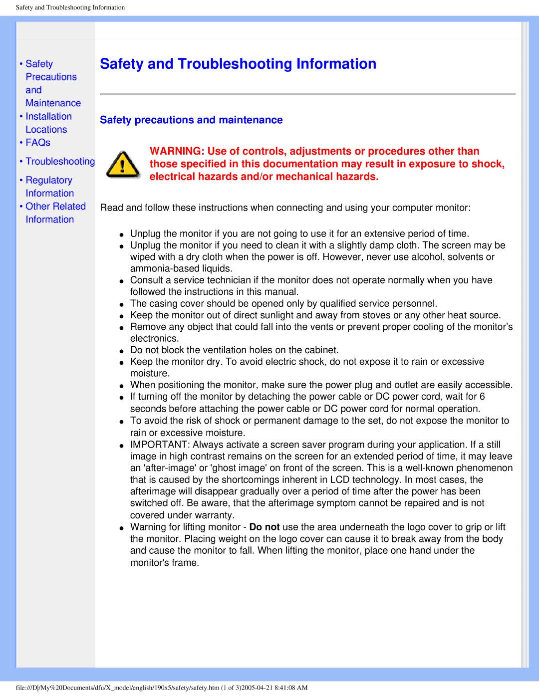 Philips 190X5 user manual Safety and Troubleshooting Information 