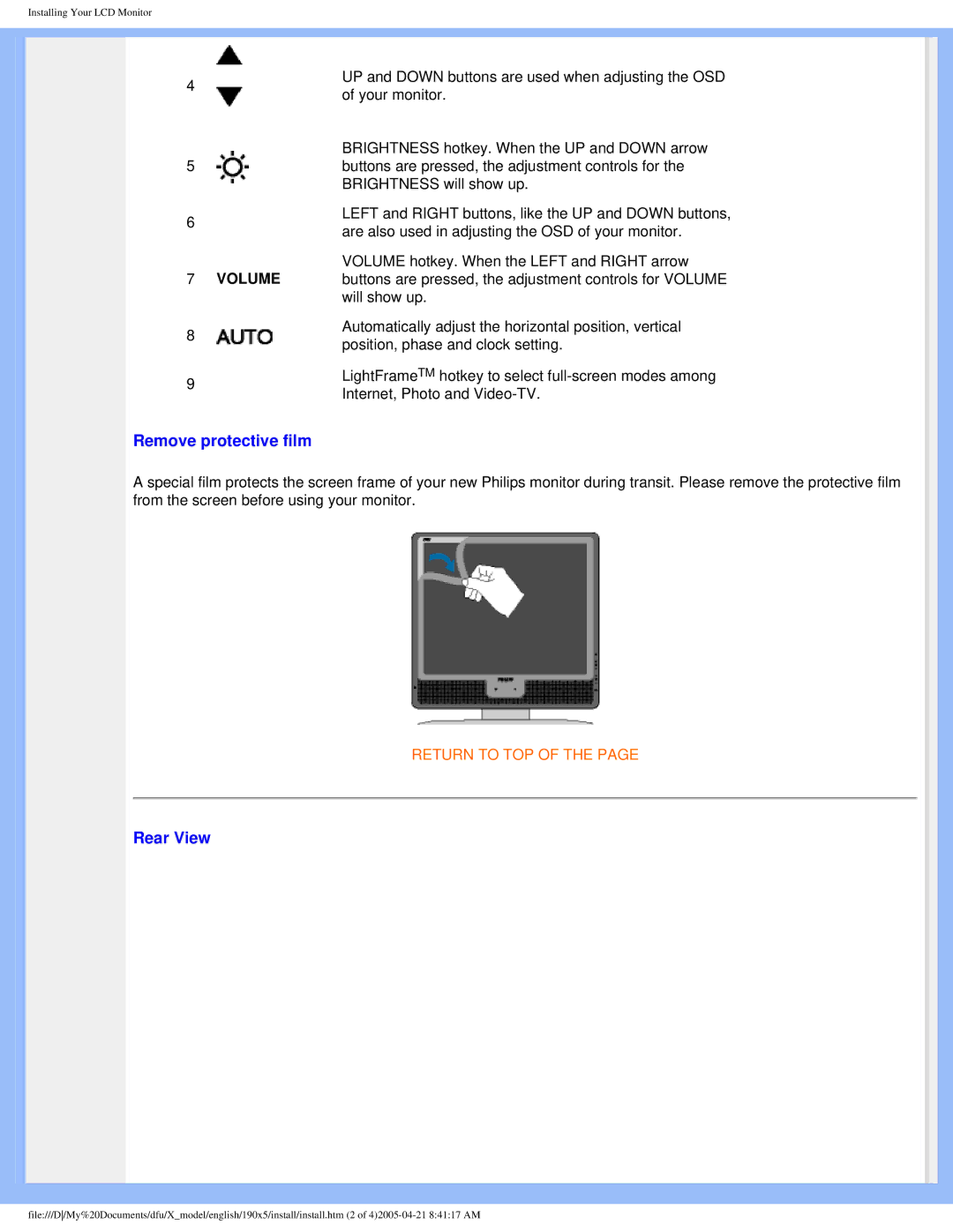 Philips 190X5 user manual Remove protective film, Rear View 