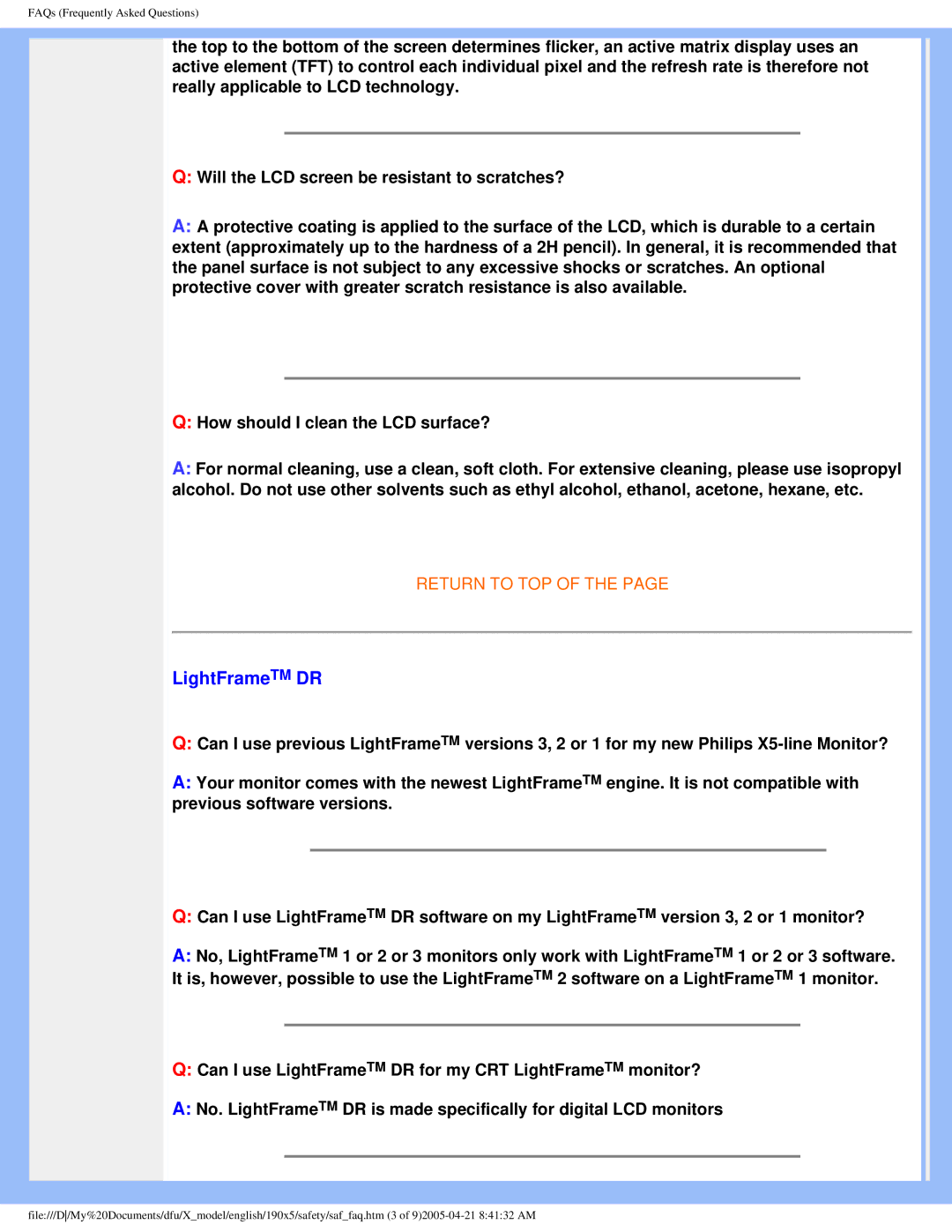 Philips 190X5 user manual LightFrameTM DR 