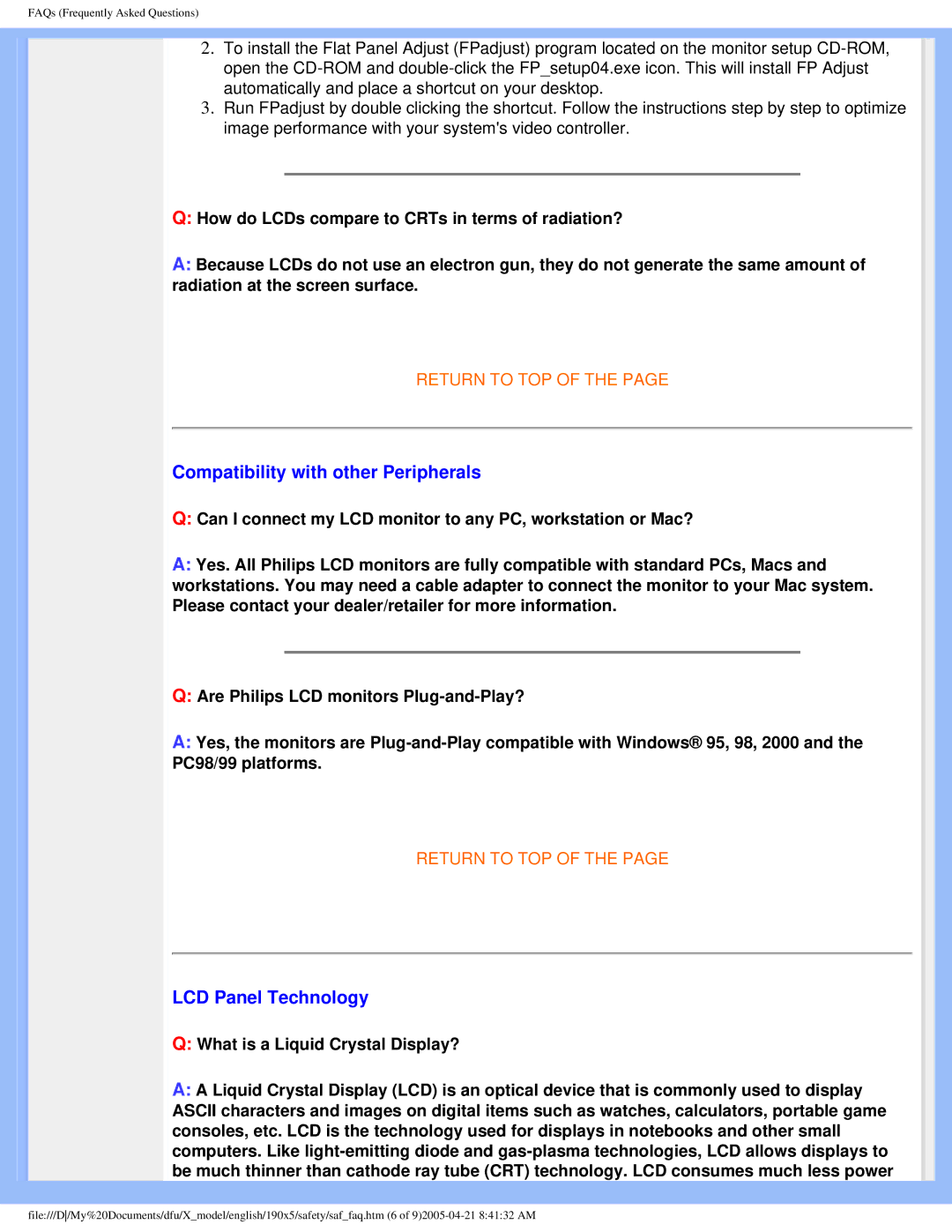 Philips 190X5 user manual Compatibility with other Peripherals, LCD Panel Technology 