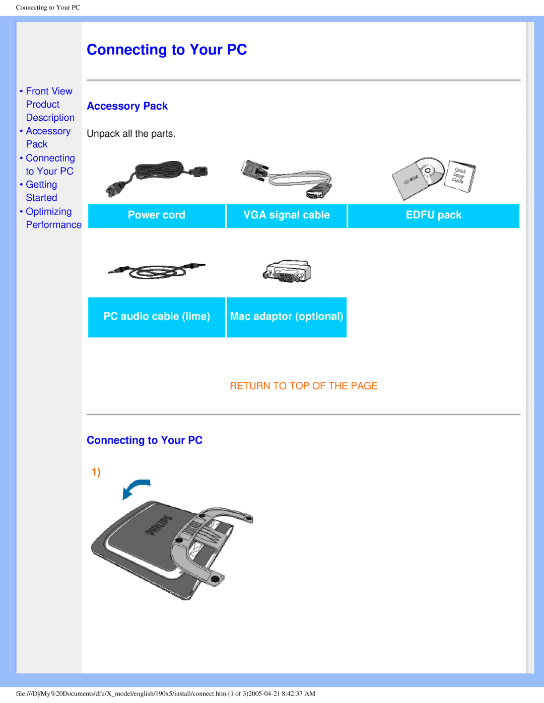 Philips 190X5 user manual Connecting to Your PC 