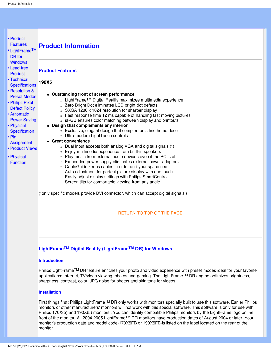 Philips 190X5 user manual Product Features, LightFrameTM Digital Reality LightFrameTM DR for Windows 