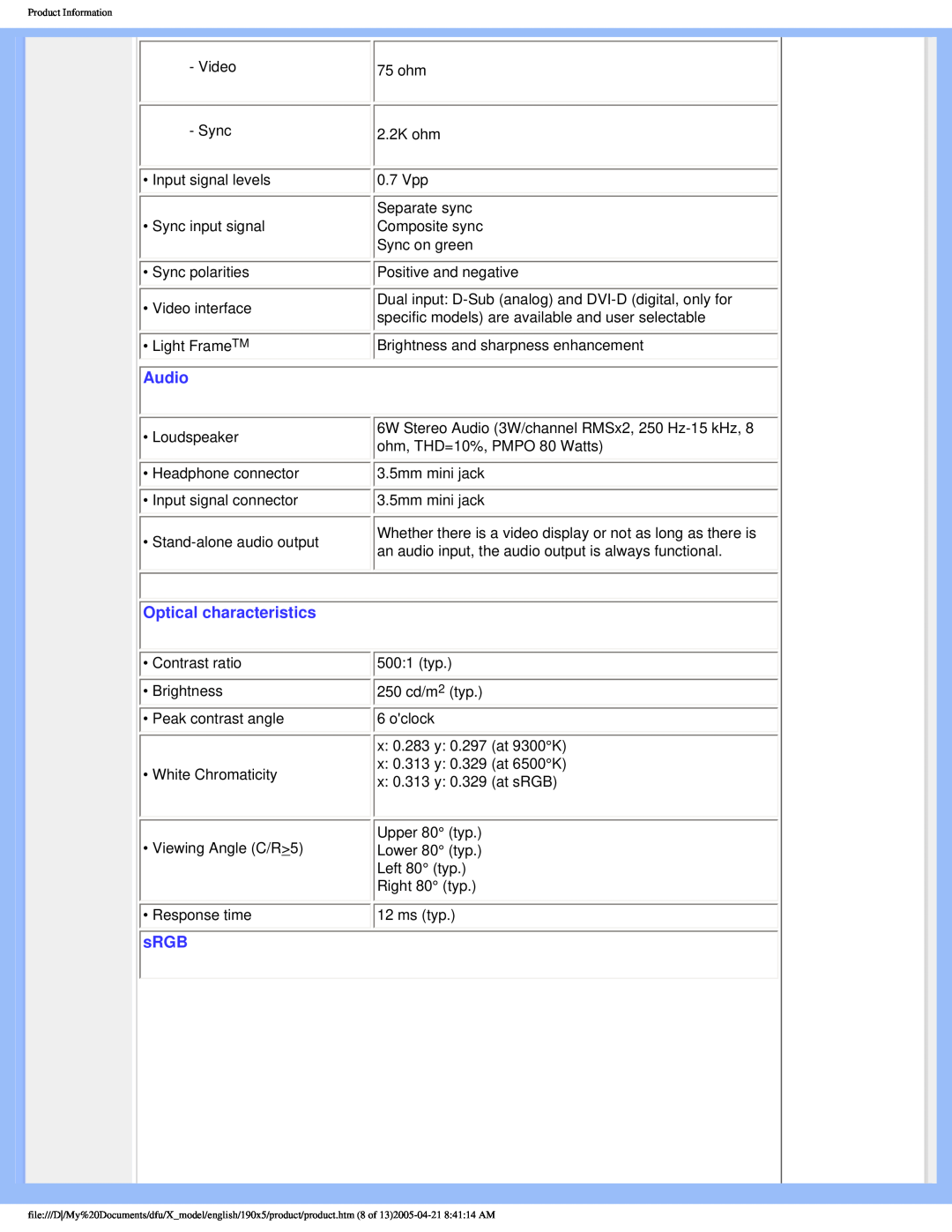Philips 190X5 user manual Audio, Optical characteristics, sRGB 