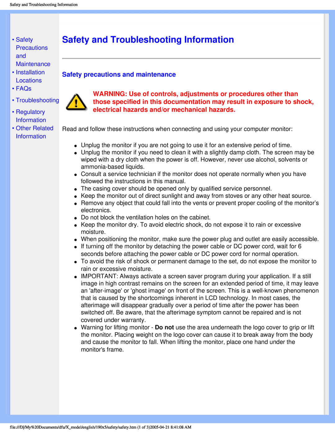 Philips 190X5 user manual Safety and Troubleshooting Information, Safety precautions and maintenance 