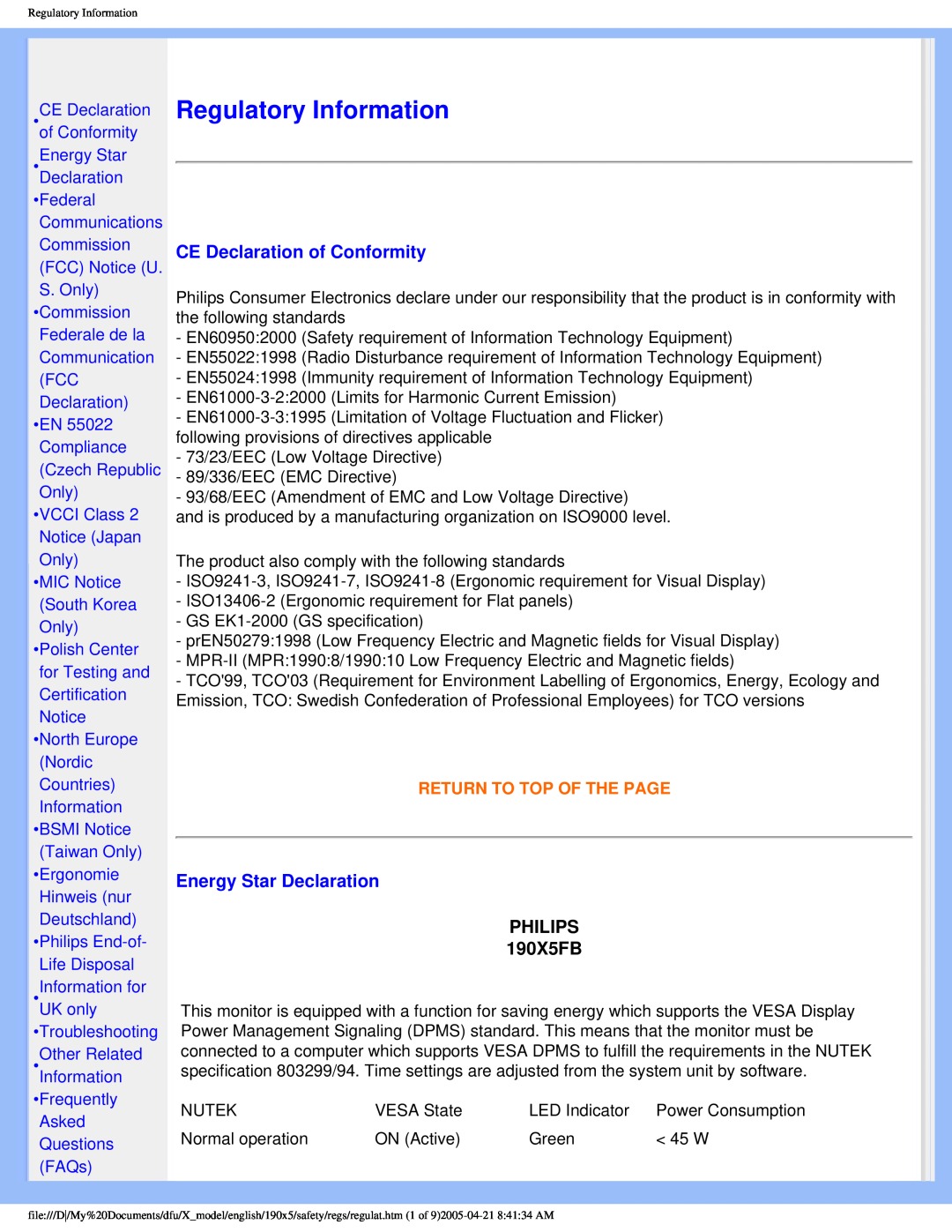 Philips user manual Regulatory Information, CE Declaration of Conformity, Energy Star Declaration, PHILIPS 190X5FB 