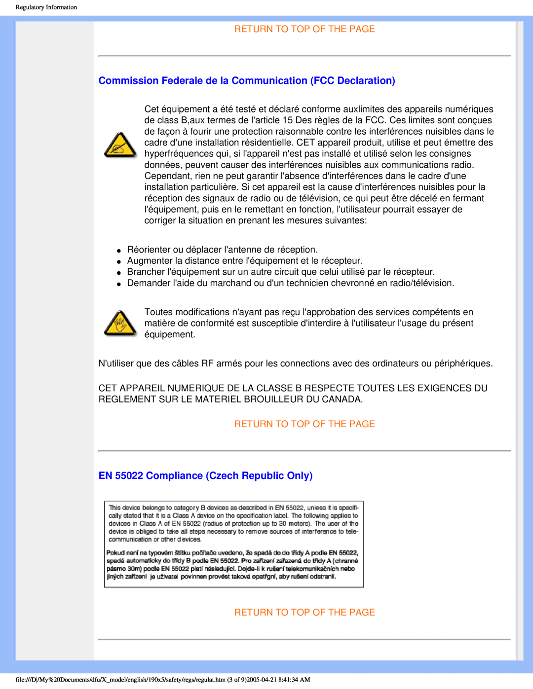 Philips 190X5 user manual Commission Federale de la Communication FCC Declaration, EN 55022 Compliance Czech Republic Only 
