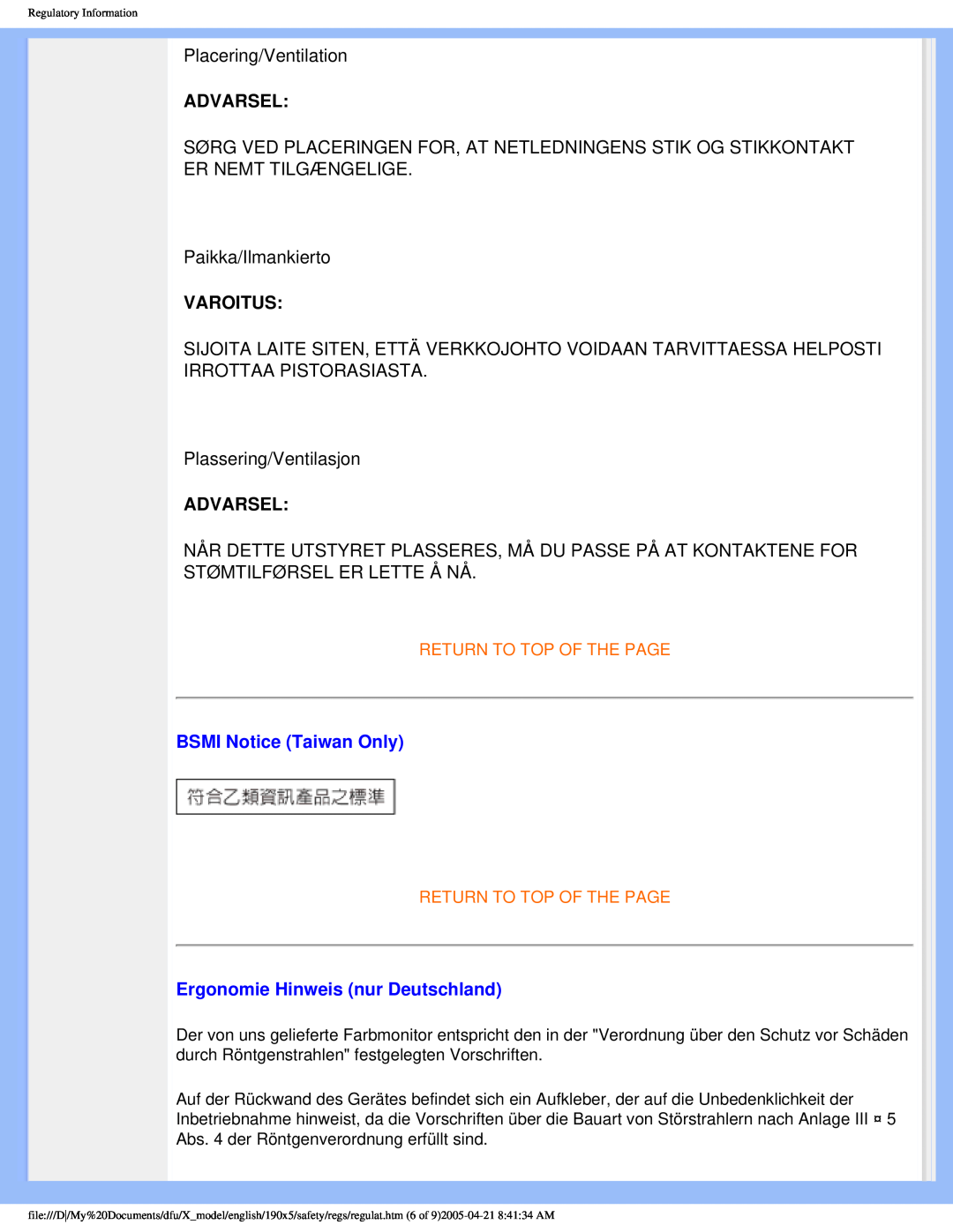 Philips 190X5 user manual Advarsel, Varoitus, BSMI Notice Taiwan Only, Ergonomie Hinweis nur Deutschland 