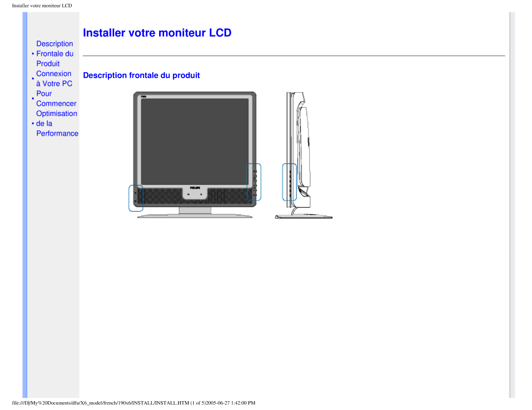 Philips 190X6 user manual Installer votre moniteur LCD, Connexion Description frontale du produit 