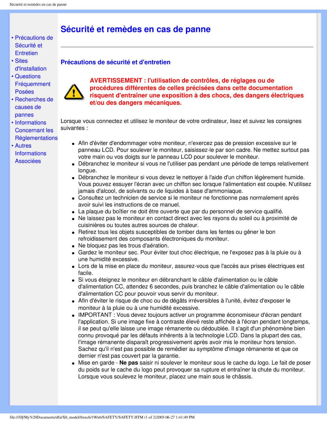 Philips 190X6 user manual Sécurité et remèdes en cas de panne, Précautions de sécurité et dentretien 