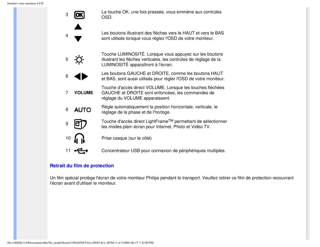 Philips 190X6 user manual Retrait du film de protection 