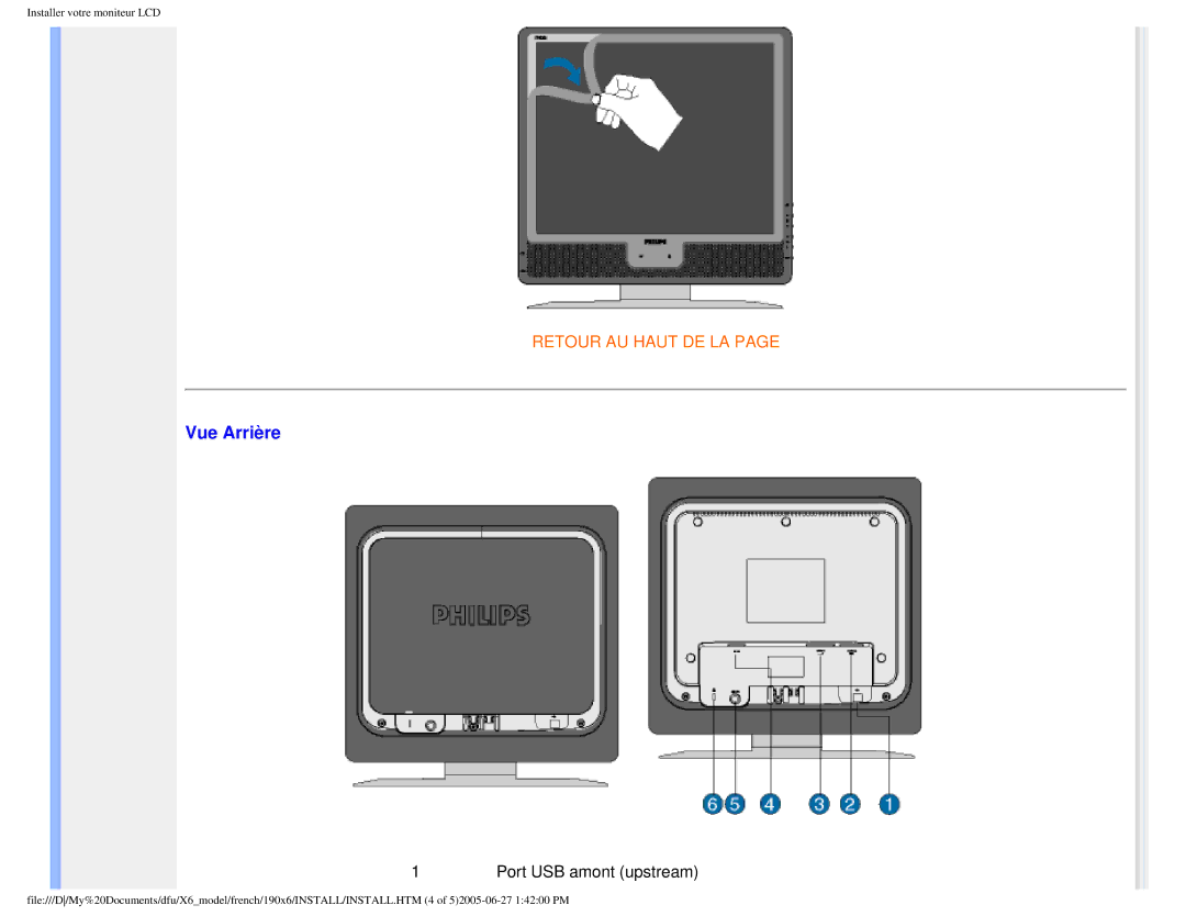 Philips 190X6 user manual Vue Arrière, Port USB amont upstream 