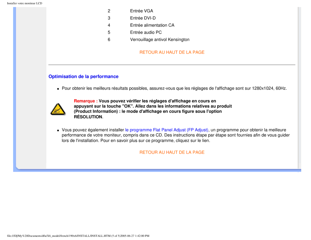 Philips 190X6 user manual Optimisation de la performance, Résolution 