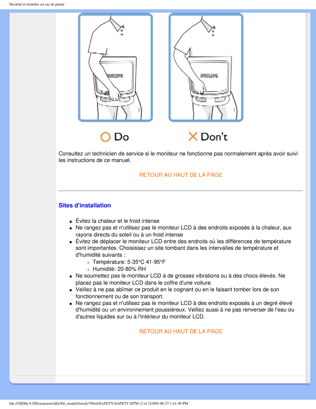 Philips 190X6 user manual Sites dinstallation 