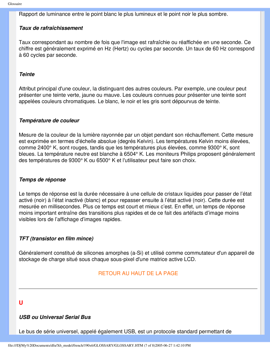 Philips 190X6 user manual Taux de rafraîchissement 