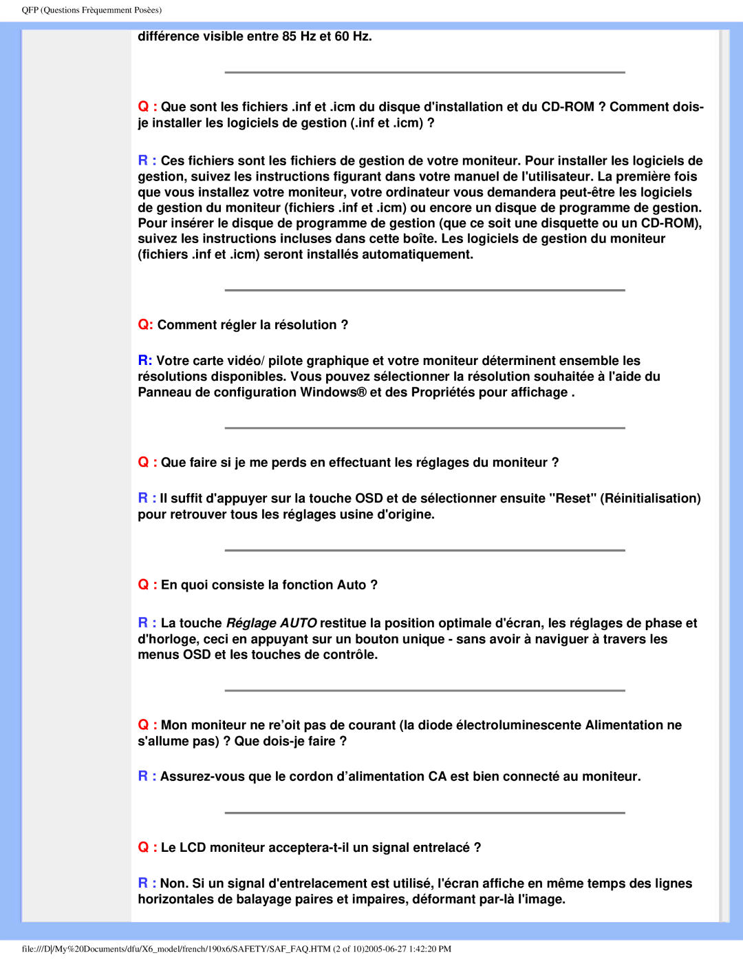 Philips 190X6 user manual QFP Questions Frèquemment Posèes 