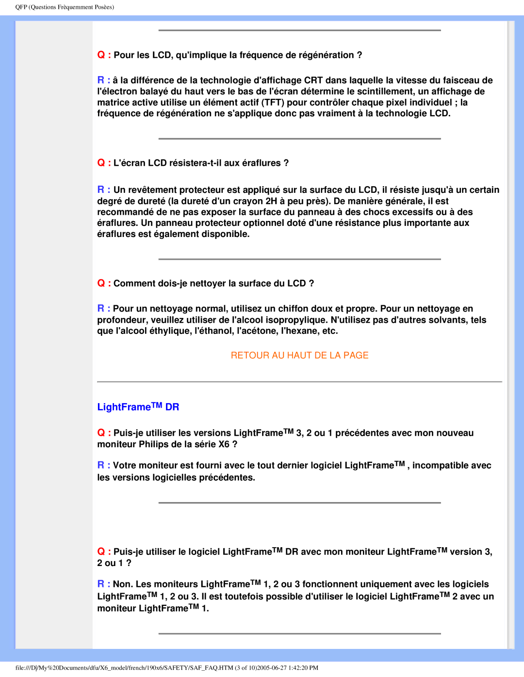 Philips 190X6 user manual LightFrameTM DR 