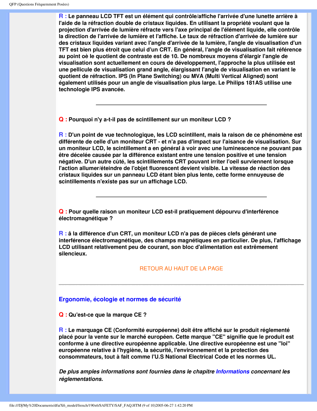 Philips 190X6 user manual Ergonomie, écologie et normes de sécurité 