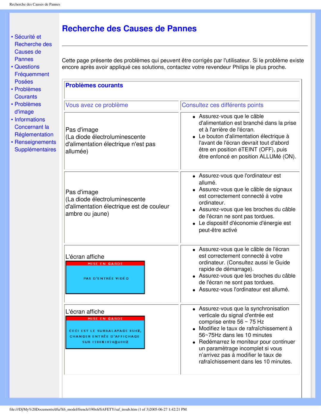 Philips 190X6 user manual Recherche des Causes de Pannes, Problèmes courants 