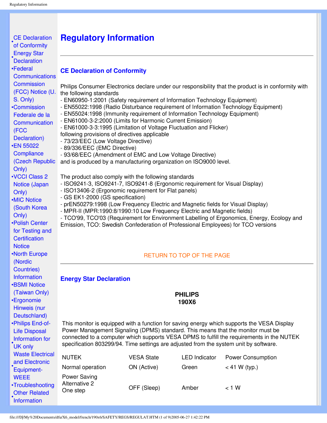 Philips 190X6 user manual CE Declaration of Conformity, Energy Star Declaration 