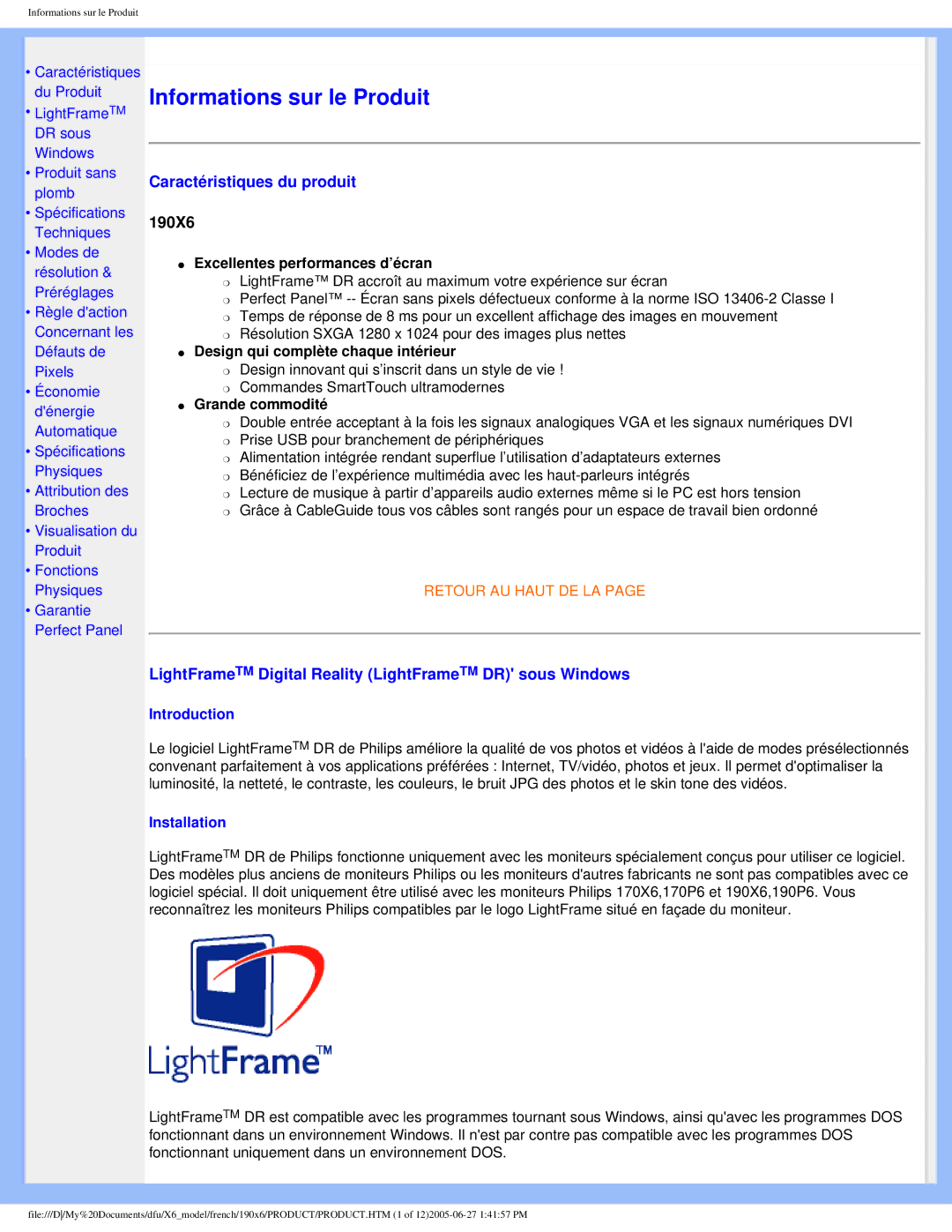 Philips 190X6 user manual Caractéristiques du produit, LightFrameTM Digital Reality LightFrameTM DR sous Windows 